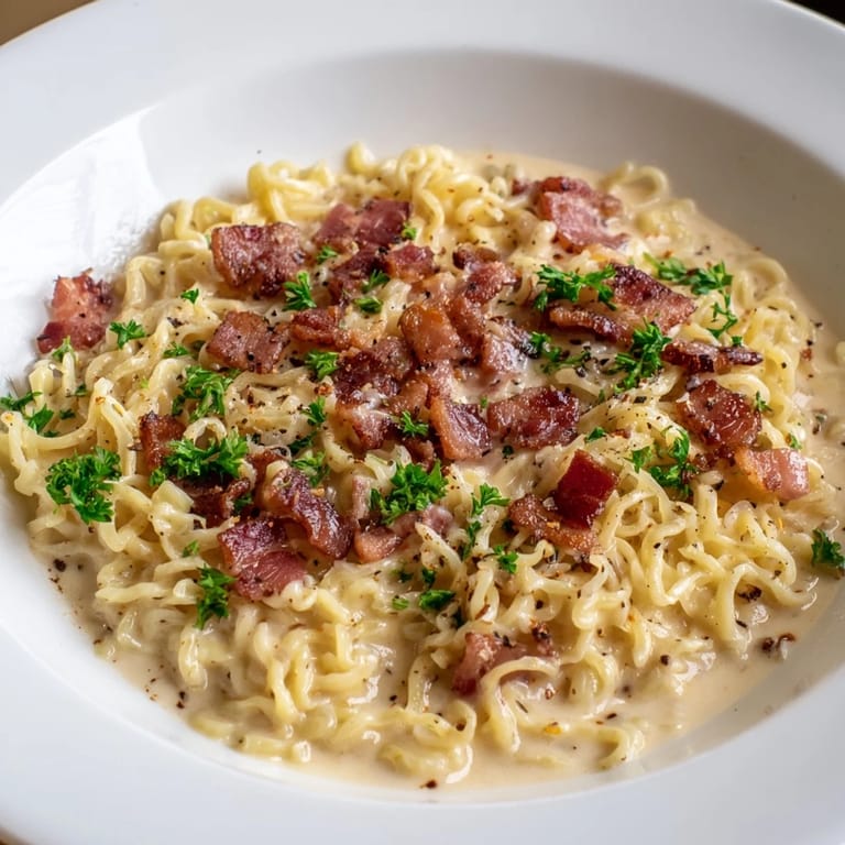 A close-up of vibrant Instant Pot carbonara ramen garnished with fresh parsley and cheese.