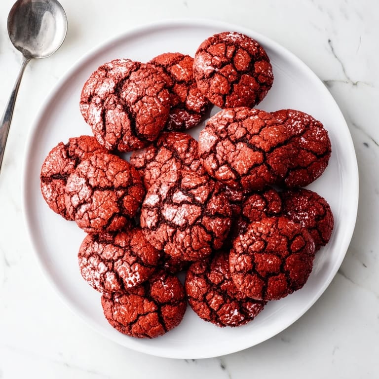 Mouthwatering red velvet chocolate crinkle cookies, a deep red color with beautiful crinkled texture.