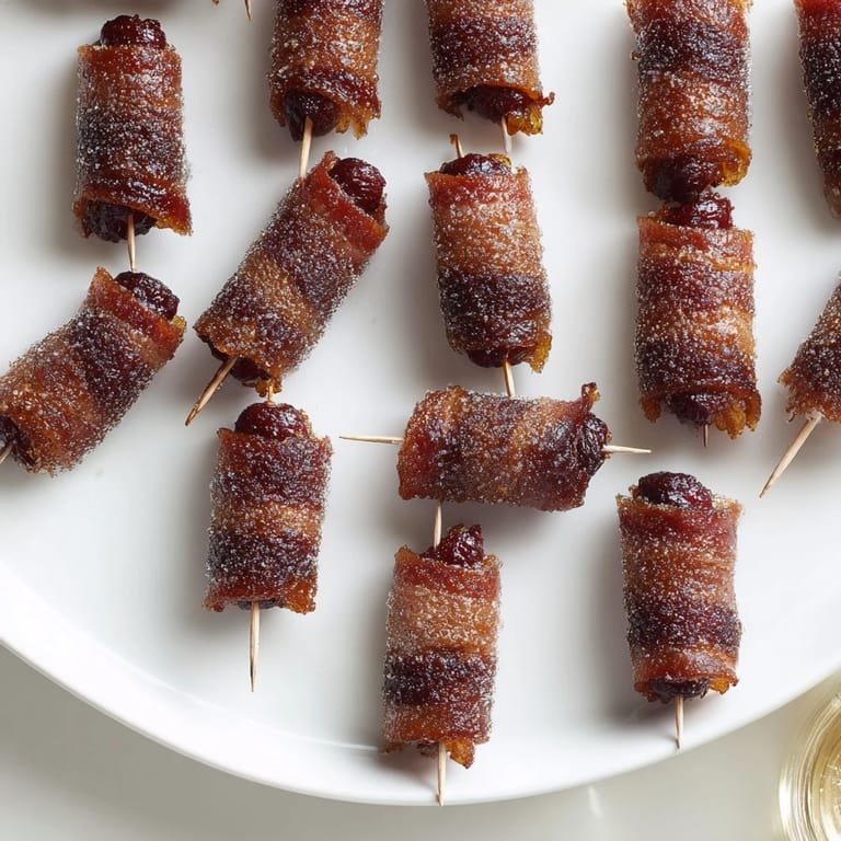 Close-up of savory 3-Ingredient Bacon-Wrapped Smokies, easy to serve appetizers on a baking sheet.