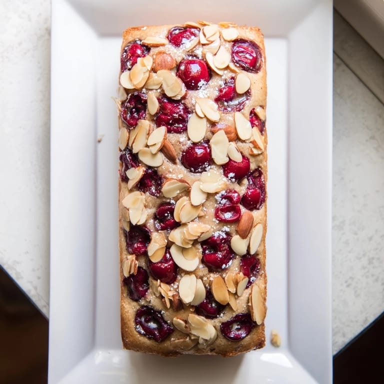 Freshly baked Cherry Almond Loaf Cake, golden brown, with abundant almond slices and juicy cherries.