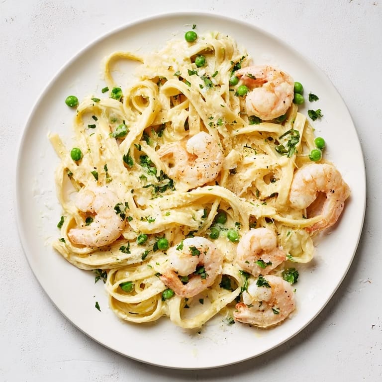 Frozen shrimp and pasta transform into Instant Pot Shrimp Alfredo Pasta, ready in 20 minutes with Parmesan and peas.
