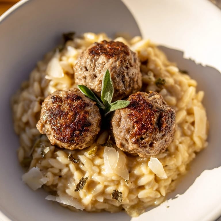 Golden-brown sage turkey meatballs mingling with vibrant pumpkin orzo, ready for a delicious meal.