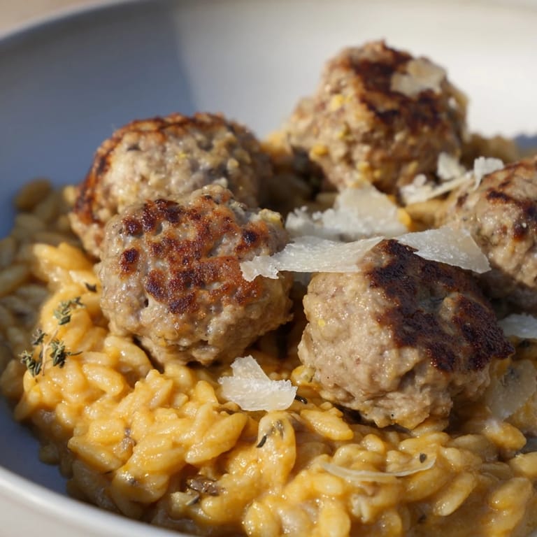 Close-up of savory sage turkey meatballs served atop a bed of creamy pumpkin orzo.