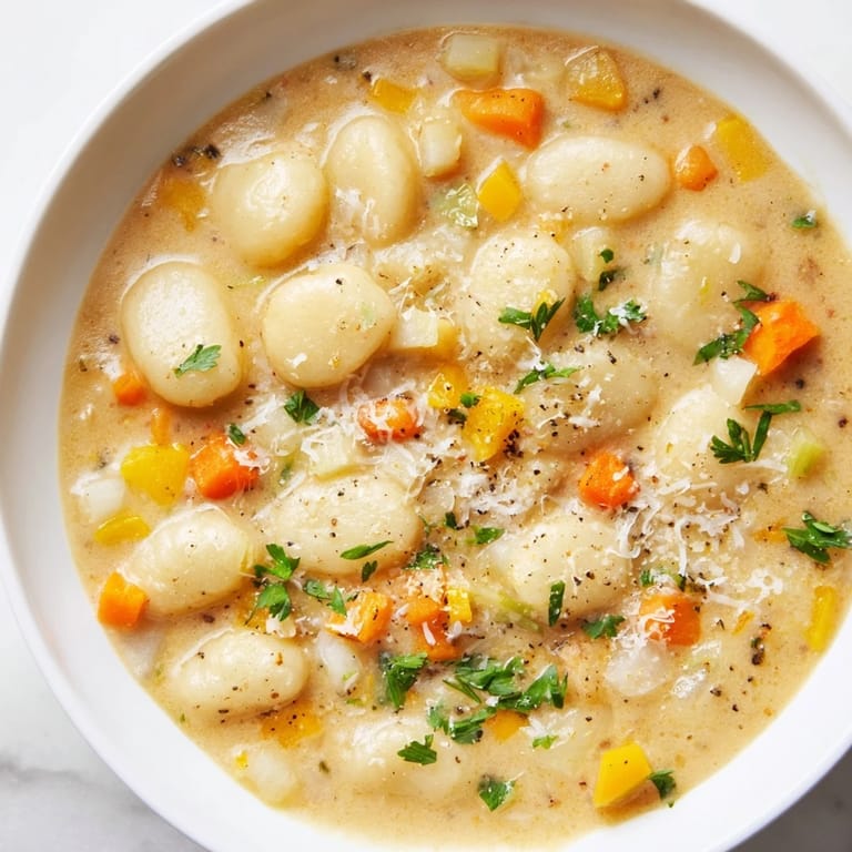 Close-up of creamy Savory Butternut Squash Gnocchi Soup, showcasing tender gnocchi amidst the rich broth.