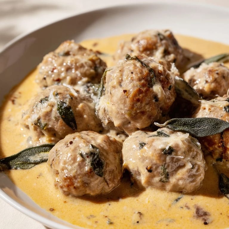 A close-up shot of tender Turkey Meatballs with Pumpkin Sage Sauce garnished with fresh sage leaves.