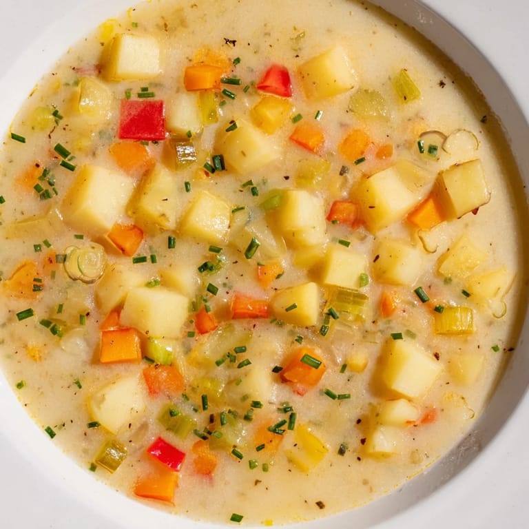 Enjoy a close-up of this delicious Slow Cooker Cajun Potato Soup, featuring tender potatoes and vibrant vegetables.