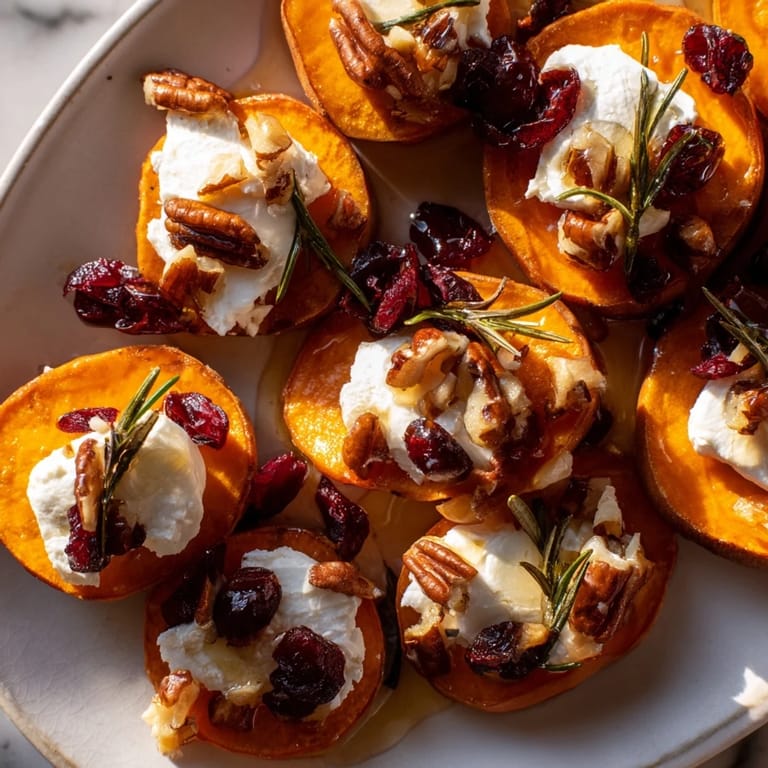 A perfect holiday appetizer image: glistening Express Holiday Sweet Potato Rounds ready to be served.