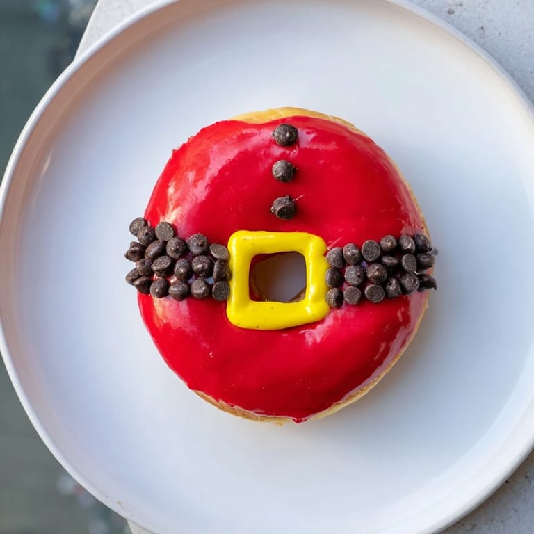 Delicious Santa Belly Donuts, featuring soft, golden fried dough, covered in bright red glaze, ready to serve warm.