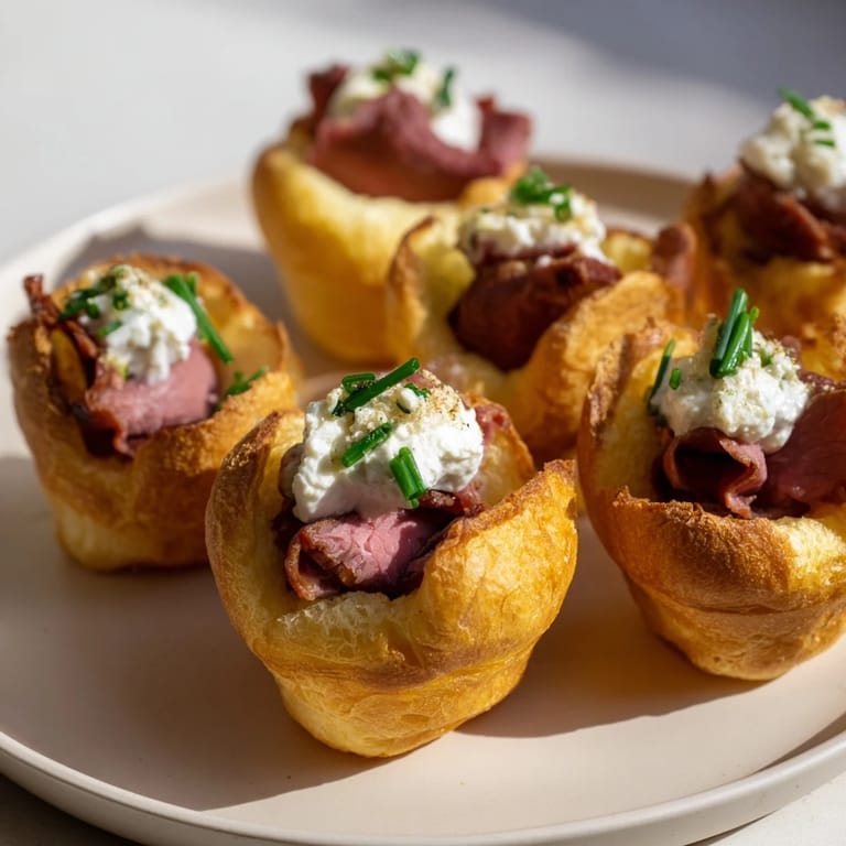 Freshly baked mini Express Holiday Yorkshire Pudding Bites, beautifully browned, filled with tender roast beef.