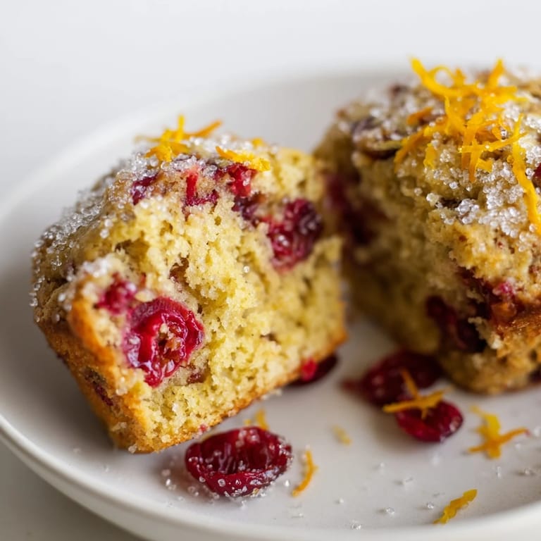 Fluffy Quick Festive Cranberry Orange Muffins with vibrant red cranberries and sugary topping.