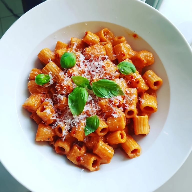 A close-up of Spicy Vodka Sauce Ditalini shows vibrant flavors, ideal for a comforting vegetarian meal.