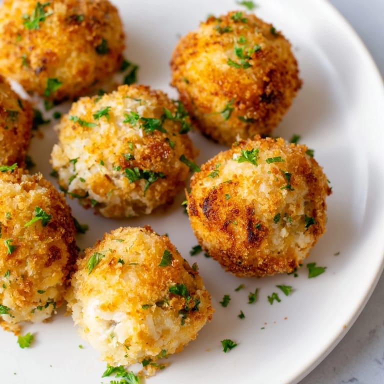 Warm, appetizing Creamy Chicken & Rice Arancini Balls, fresh from the fryer, perfect for an Italian appetizer.