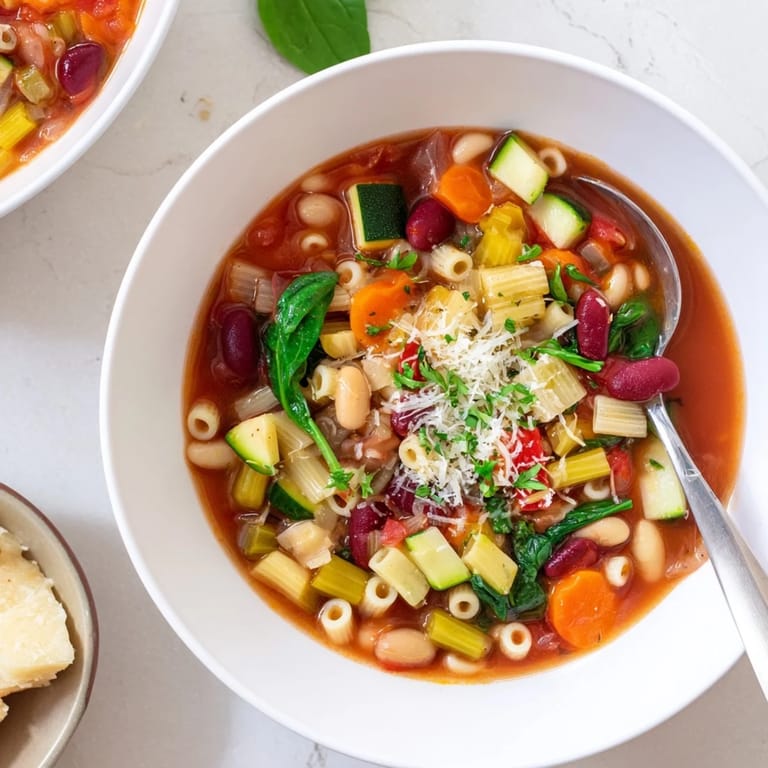 A hearty, colorful Veggie-Packed Minestrone Christmas Pasta Pot, filled with tender vegetables and a rich broth.