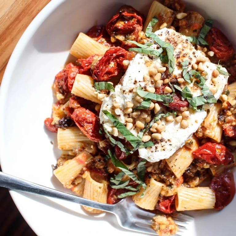Creamy Baked Goat Cheese Snowflake Tomato Basil Pasta with blistered tomatoes and a golden goat cheese crust.