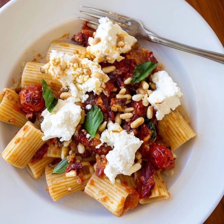 Fragrant basil and pine nuts adorn the Baked Goat Cheese Snowflake Tomato Basil Pasta, ready to serve!