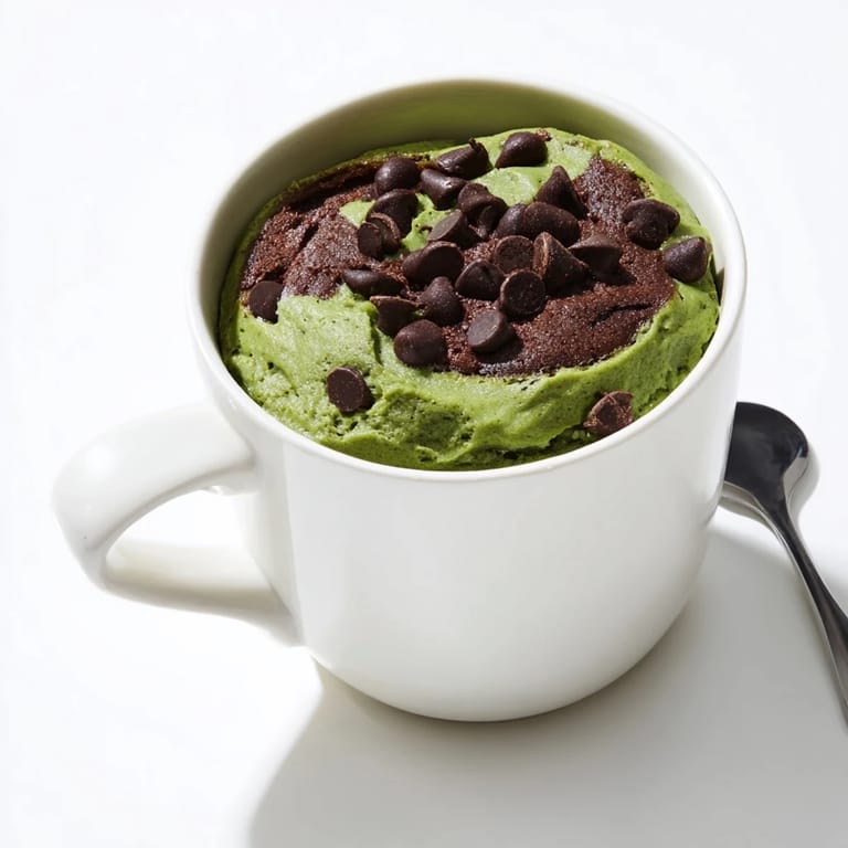 This warm, chocolatey Matcha Peppermint Brownie Batter Mug Cake is studded with chocolate chips, perfect comfort food.