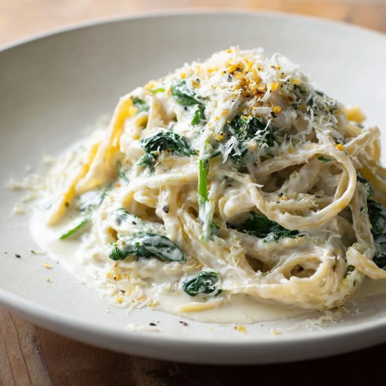 A close-up of a bowl of creamy Greek Yogurt Spinach Alfredo Pasta, boasting a rich, flavorful sauce and perfect pasta.