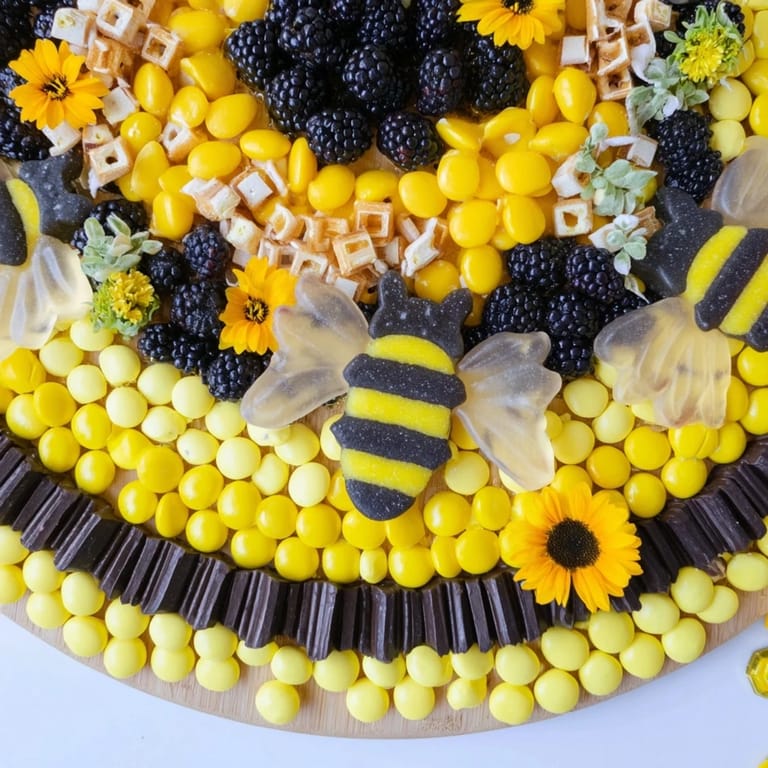 This playful Bumblebee Candy Board boasts a stunning arrangement of sweets, perfect for a springtime treat.