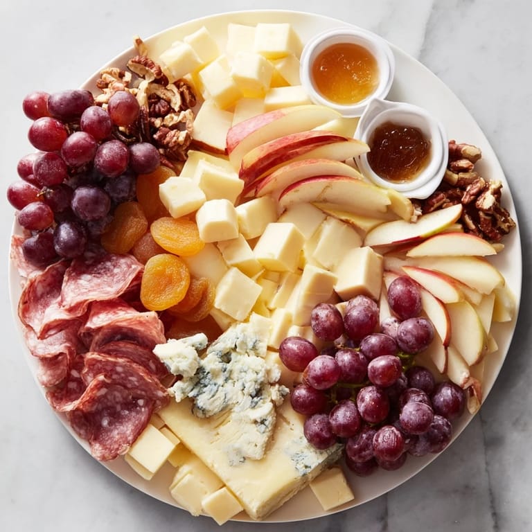 Close-up of a Moonlight Picnic Board, showcasing artisan cheeses, cured meats, and fresh, vibrant fruits.