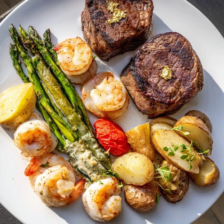A close-up of the Golden Heart Luxury Platter displays tender shrimp, fresh asparagus, and edible gold leaf details.