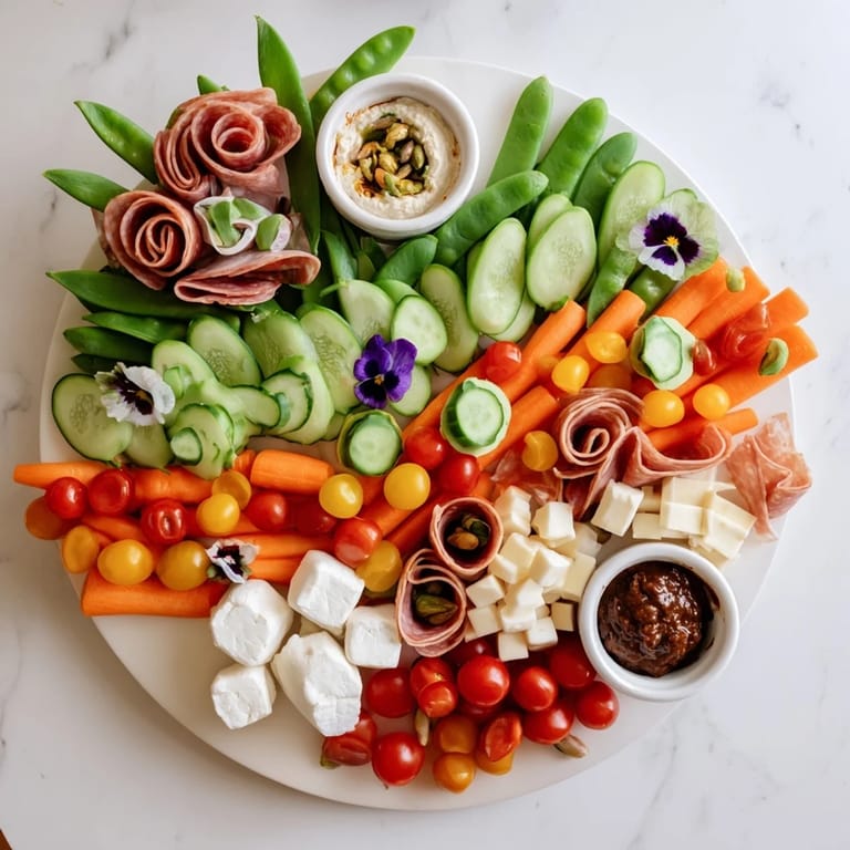 Elegantly arranged Dragonfly Dance appetizer tray featuring cheeses, meats and fresh basil garnish.