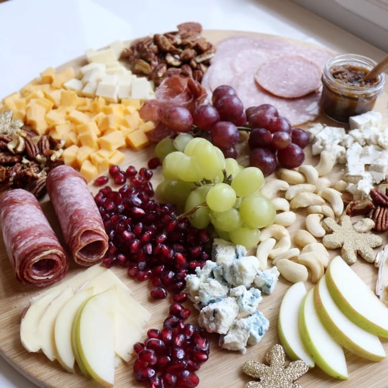 A gorgeous Shining Bright Christmas Board overflowing with savory meats, cheeses, and sweet treats ready for guests.