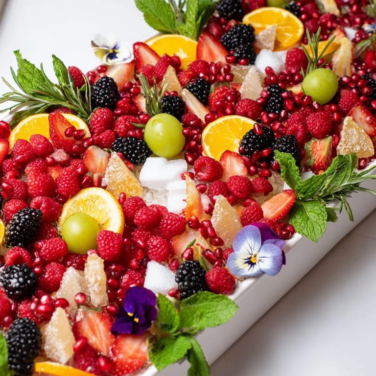 A close-up of the Bubbly Bar New Years Eve Garnish Tray overflowing with sugared treats and berries for sparkling wine.