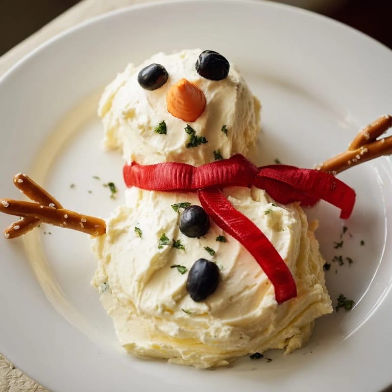 This delicious Melted Snowman Dip Bowl appetizer features a snowman crafted from creamy dip, ready to be enjoyed.