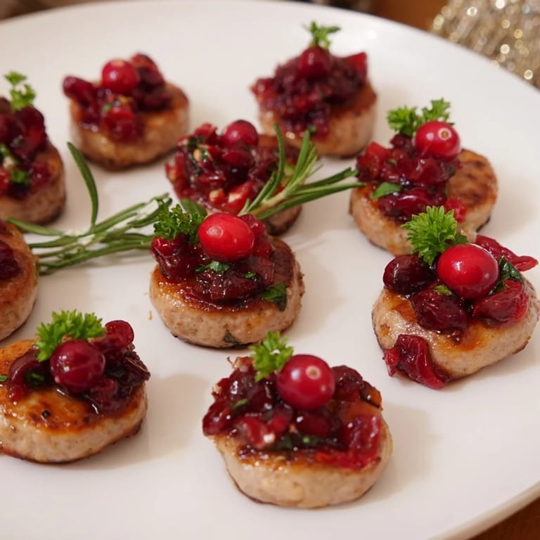 Close-up of savory Festive Holly Berry Sausage Bites, garnished with fresh herbs and ruby-red cranberries, ready to serve.