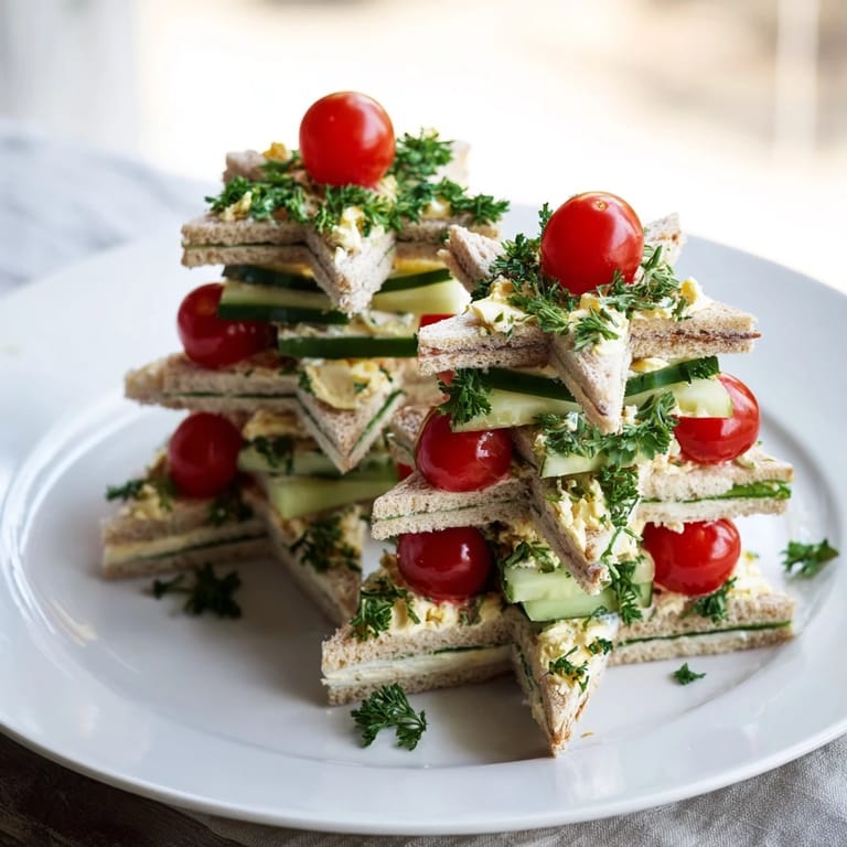 Delicious Stacked Star Christmas Tree Sandwiches piled high, complete with tomato tree toppers and fresh parsley.