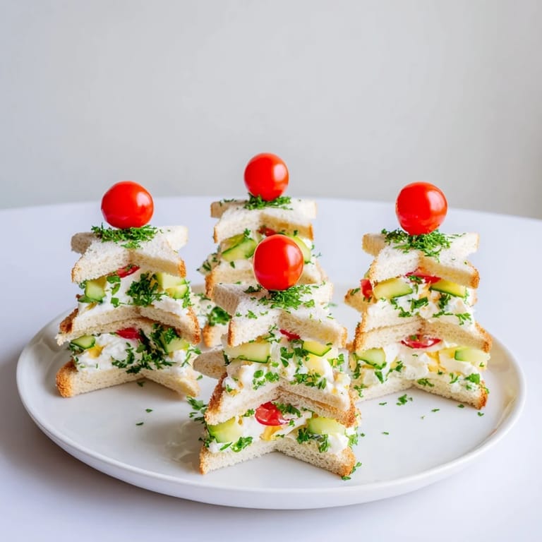 A close-up of beautifully arranged Stacked Star Christmas Tree Sandwiches, bite-sized and festive for any holiday party.