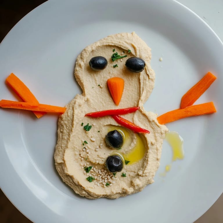 Vibrant melted snowman hummus recipe, garnished with parsley, displayed with colorful veggie dippers.
