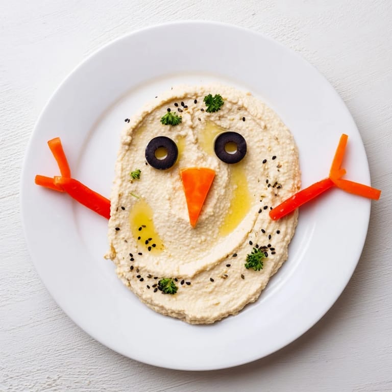Homemade melted snowman hummus, a fun party appetizer with a cheerful holiday presentation and fresh dippers.