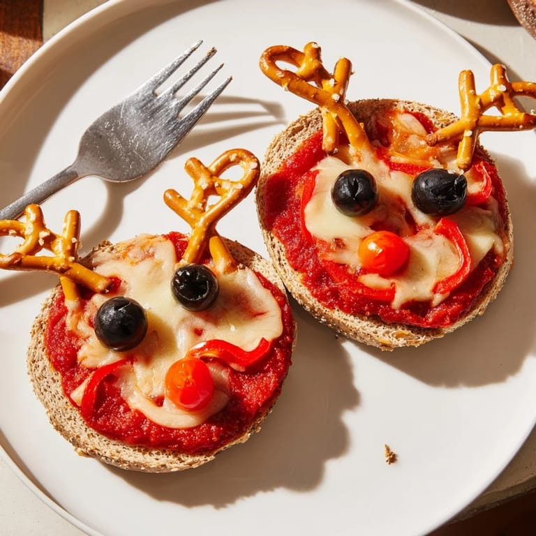 Delicious Reindeer Face Pizza Bagels with pretzel antlers, perfect for a fun holiday snack for any age.