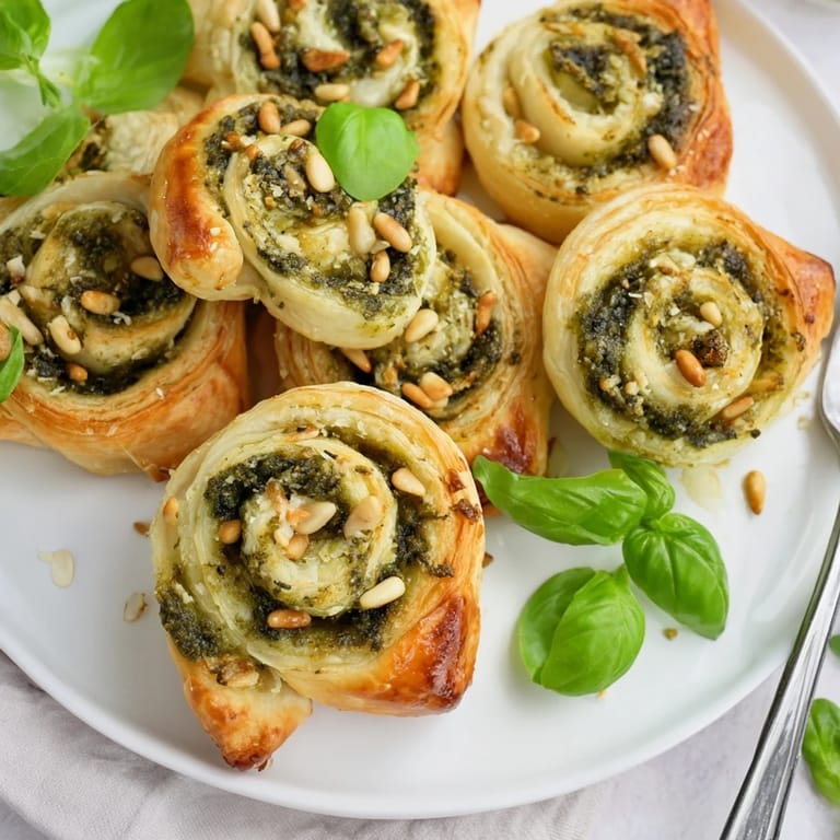 Freshly baked Savory Bites: Star-Shaped Pesto Pinwheels, showcasing vibrant green pesto and golden crusts.