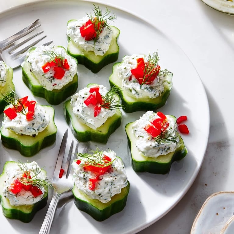 Fresh, cool cucumber slices hold creamy cheese, making delightful Cucumber and Dill Christmas Stars for your holiday table.