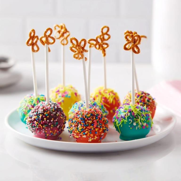 Homemade Ornament Ball Cake Pops, coated in white chocolate and covered in festive sprinkles.