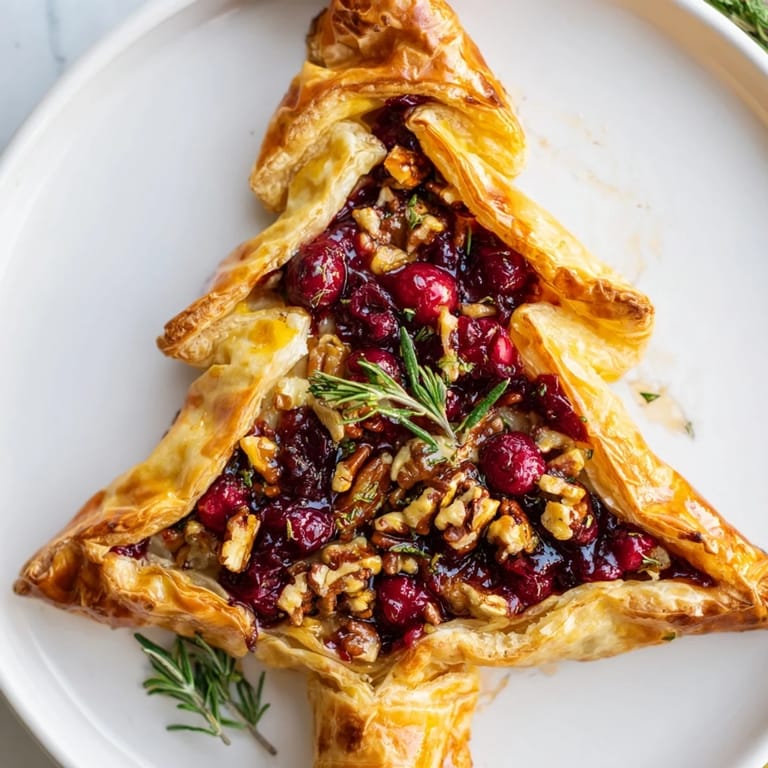 Festive close-up: A baked Brie en Croûte Pine Tree, oozing cheese, surrounded by cracker and fruit pairings.