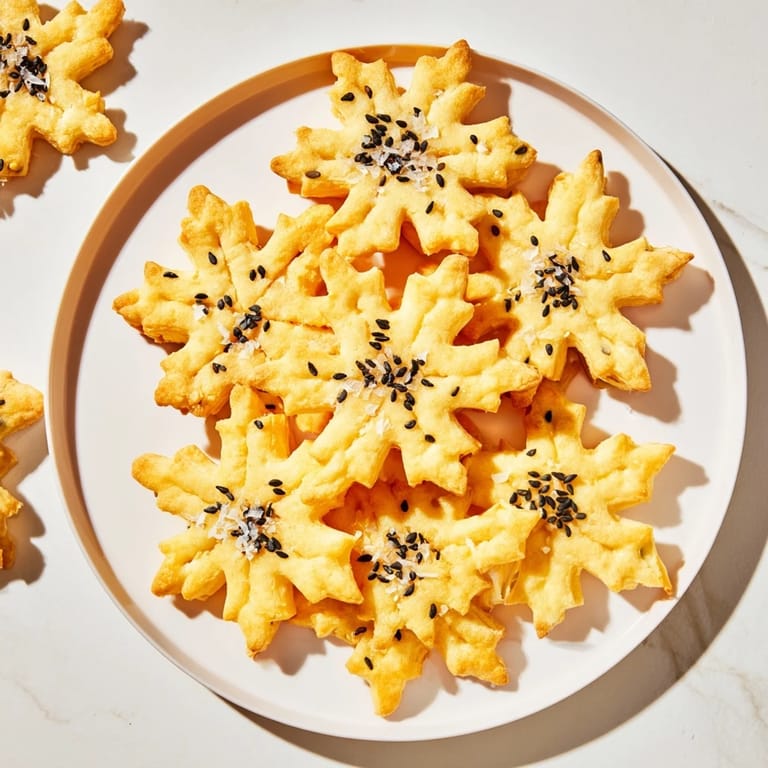 Golden-baked Gourmet Crackers: snowflake cutouts sprinkled with flaky salt, perfect for holiday appetizers.