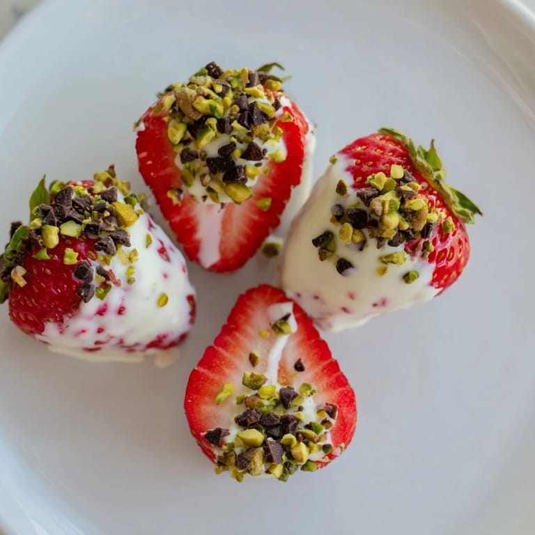Fresh, half-circle yogurt dipped strawberries, chilled and ready; a simple and delicious frozen treat.