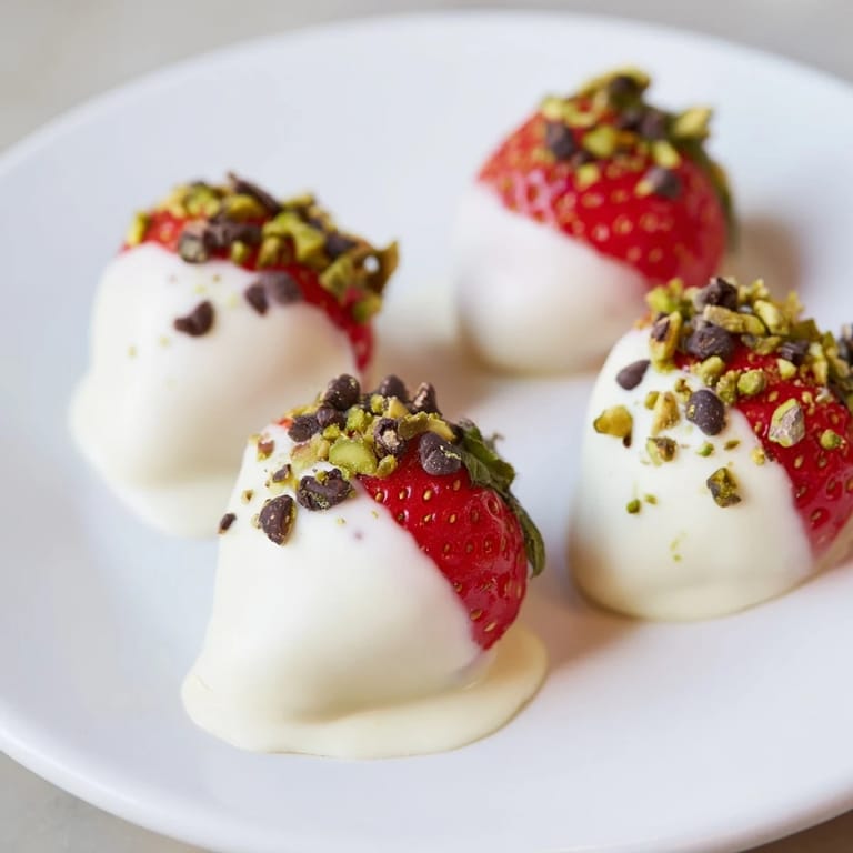 Vibrant red yogurt dipped strawberry halves garnished with nuts, ideal for a sweet, summery snack.