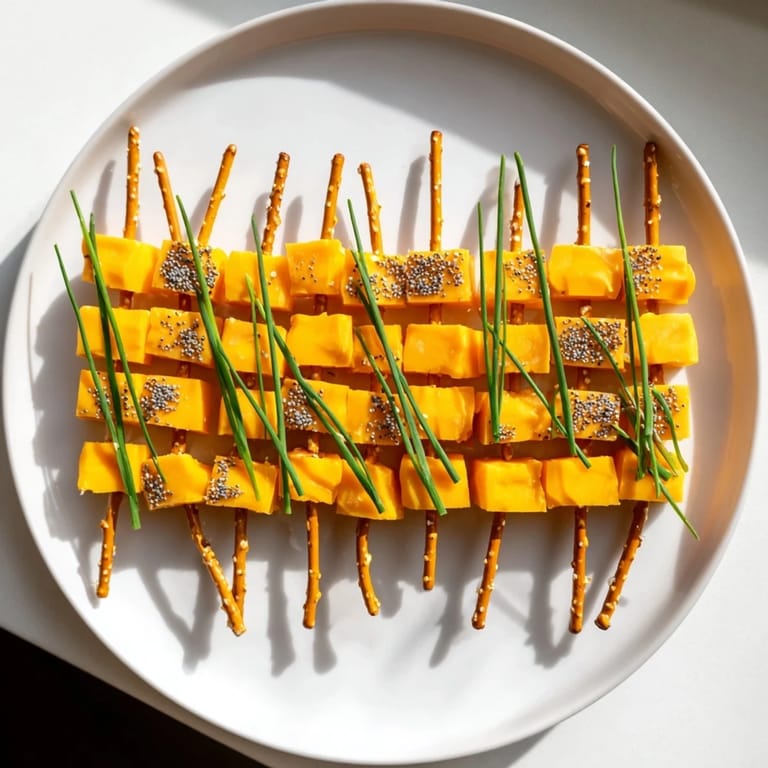 Freshly assembled NYE cheese sparklers with vibrant cheddar cheese and crunchy pretzel sticks.