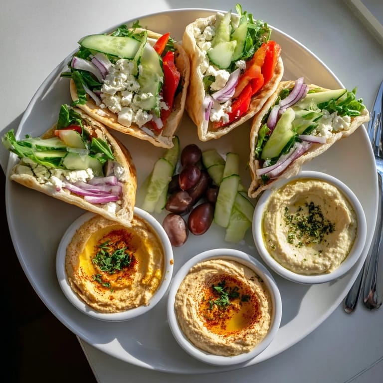 Delectable Mediterranean feast: warm mini pita pockets with varied hummus, perfect for a gathering.