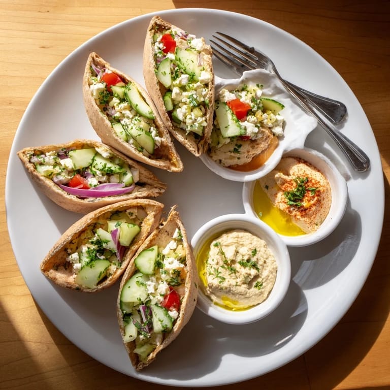 Vibrant image of a Savory Board featuring mini pita pockets, vegetable toppings, and hummus.