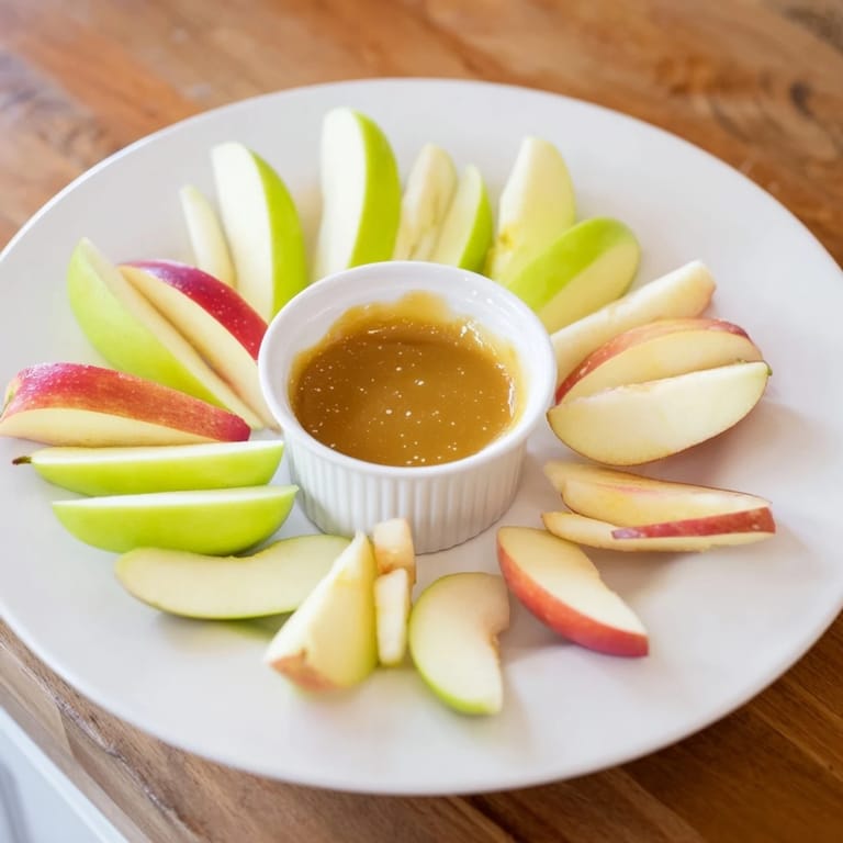 Sweet, juicy apple slices surrounding a rich, creamy caramel dip, ready to enjoy.