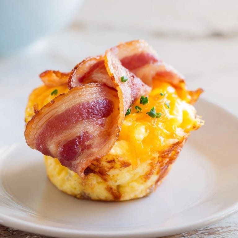 Perfectly baked, fluffy Scrambled Egg Cups topped with crispy bacon, a mouthwatering breakfast idea.