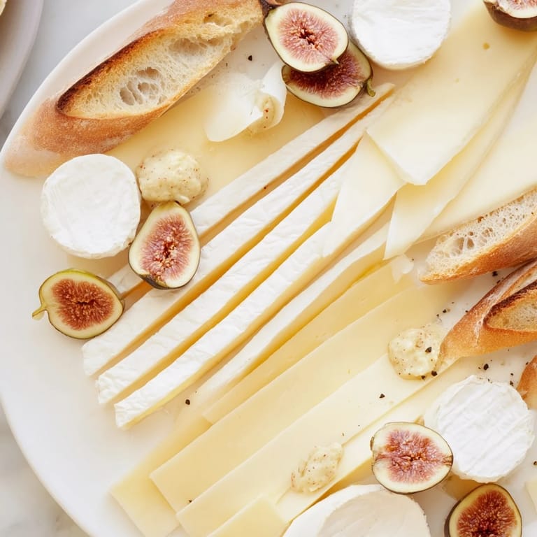 Imagine the French Bistro Elegance: a platter of cheeses and fruit arranged with baguettes, ready to serve.