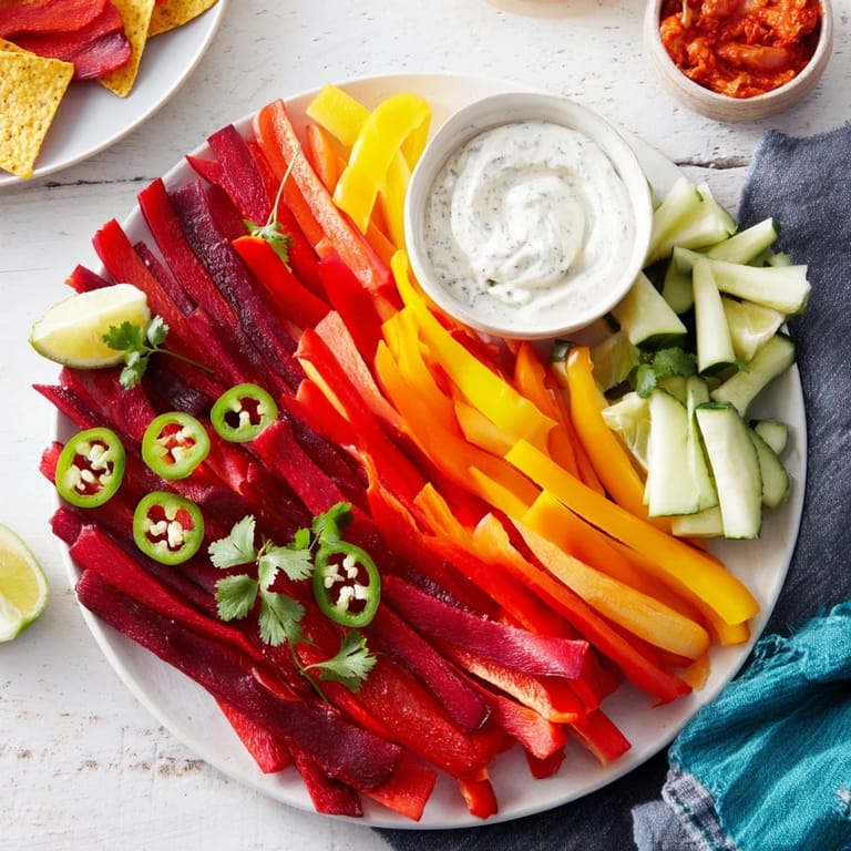 A vibrant Spicy Chili Pepper Fiesta shows colorful bell peppers and chili peppers arranged around flavorful dips.