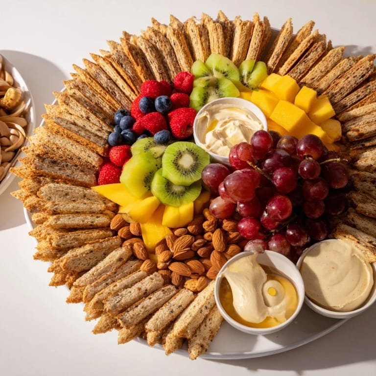 A gorgeous Hidden Oasis platter shows assorted crackers, nuts, and a colorful, fresh fruit and dip center for snacking.