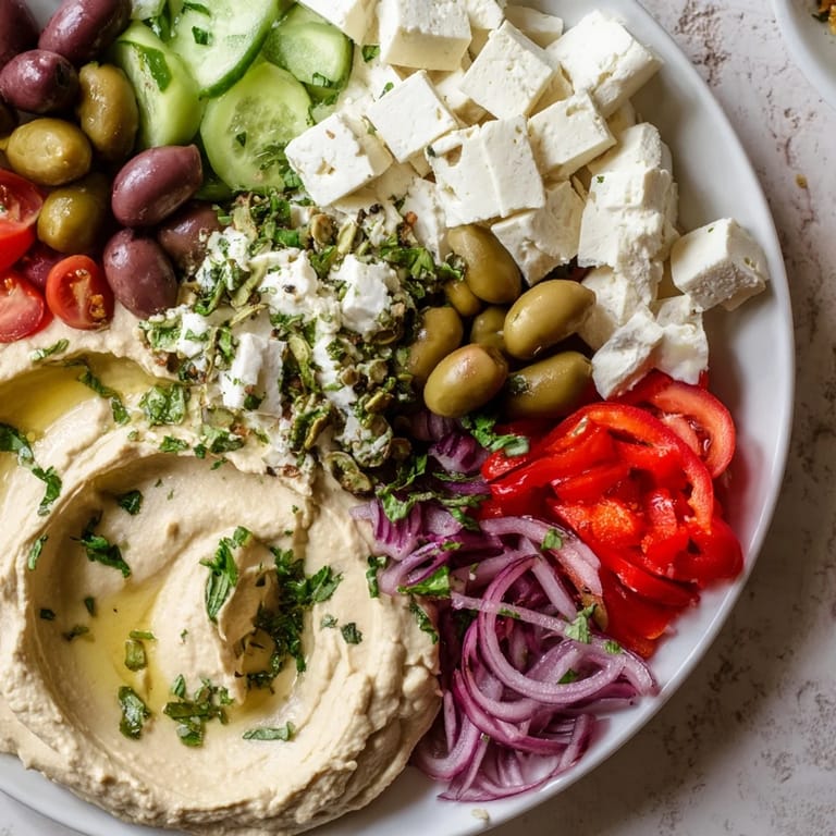 Vibrant arrangement of a Mediterranean Mezza Platter, showcasing feta, olives, and delicious hummus.